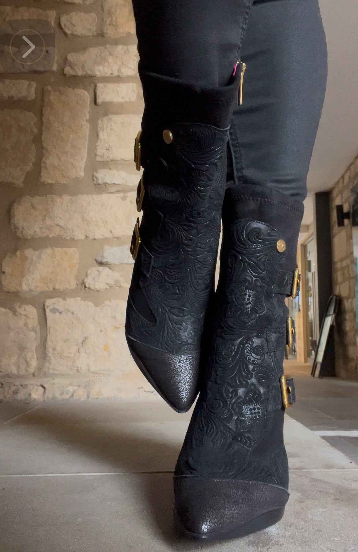 Peron - Black Flower Stretch high heel ankle boot- last pair 37
