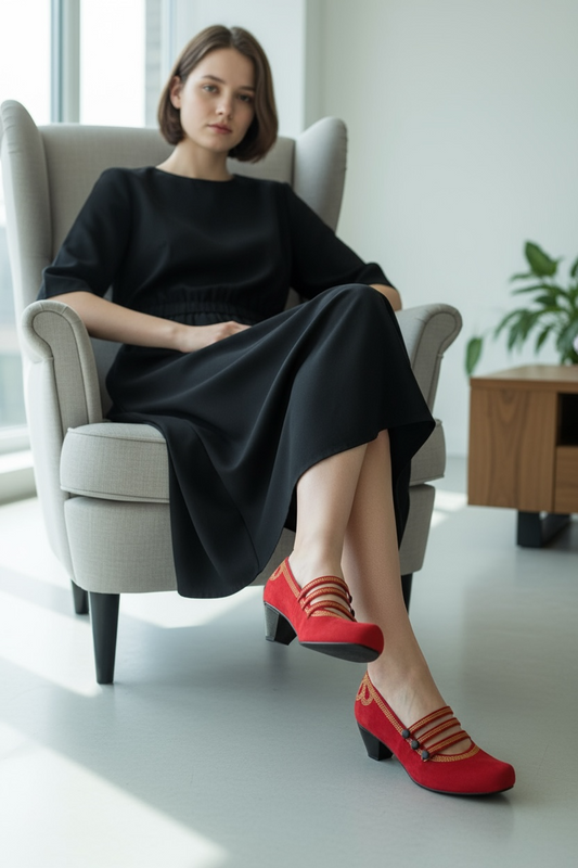 Lichido - Red/Gold Low heel cork shoe - Chanii B