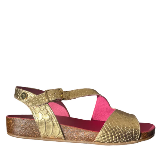 Je Ressin-Gold Croc- flat cork sandal