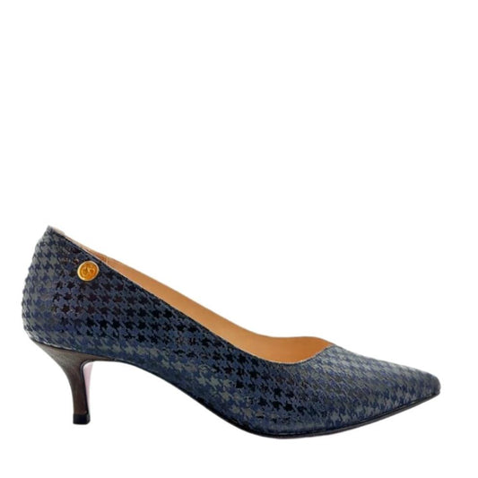 Cruella - Blue Houndstooth and brown kitten heel - Chanii B