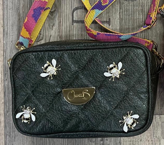 Tres Chic- dark green bees mini handbag