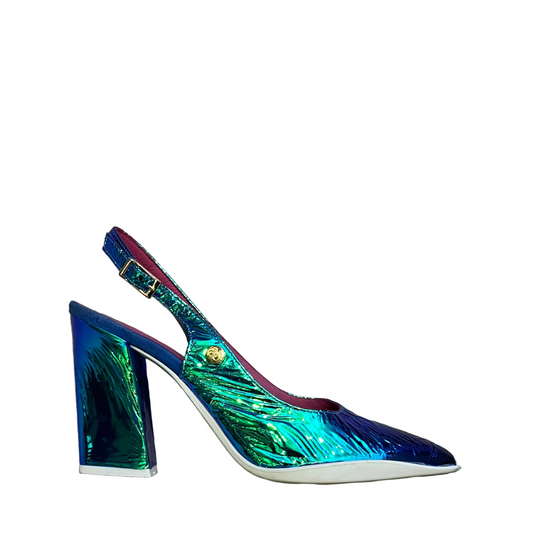 Shiny blue high-heeled shoe