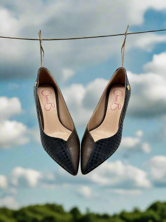 Cruella - Blue Houndstooth and brown kitten heel - Chanii B