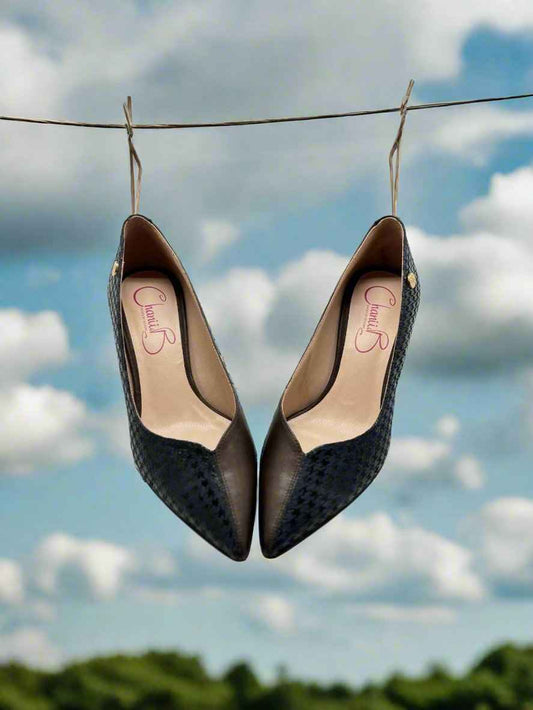 Cruella - Blue Houndstooth and brown kitten heel