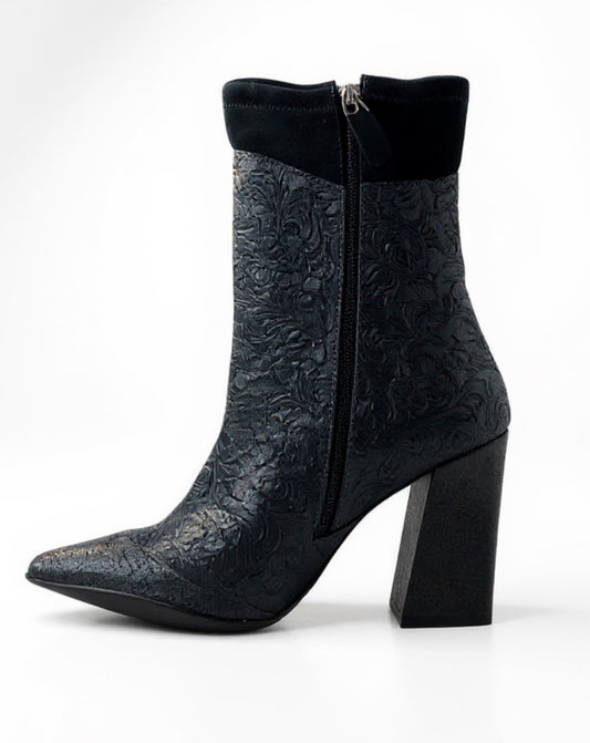 Peron - Black Flower Stretch high heel ankle boot- last pairs 37 and 38