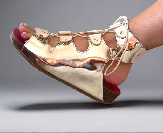 Je Savoir- platinum gold lace up cork sandal - Chanii B