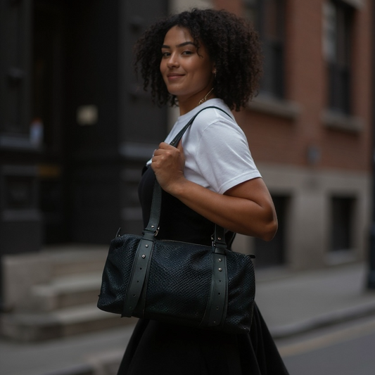 Woman holding a black handbag on a city street