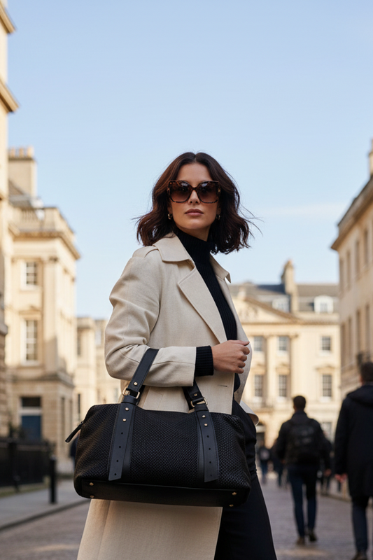 Page-Black textured handbag