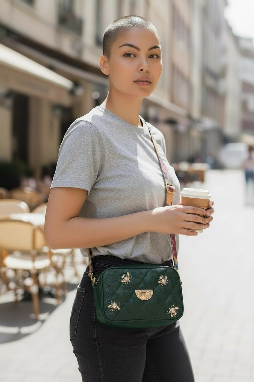 Tres Chic- dark green bees mini handbag