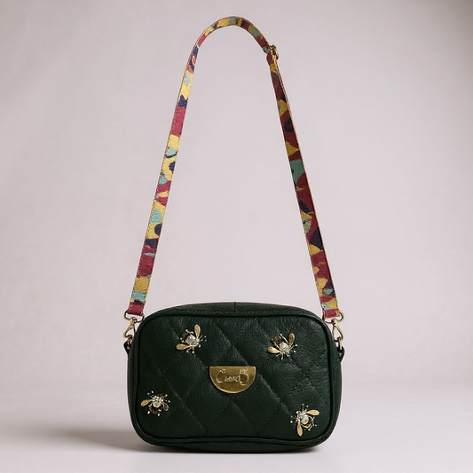 Tres Chic- dark green bees mini handbag