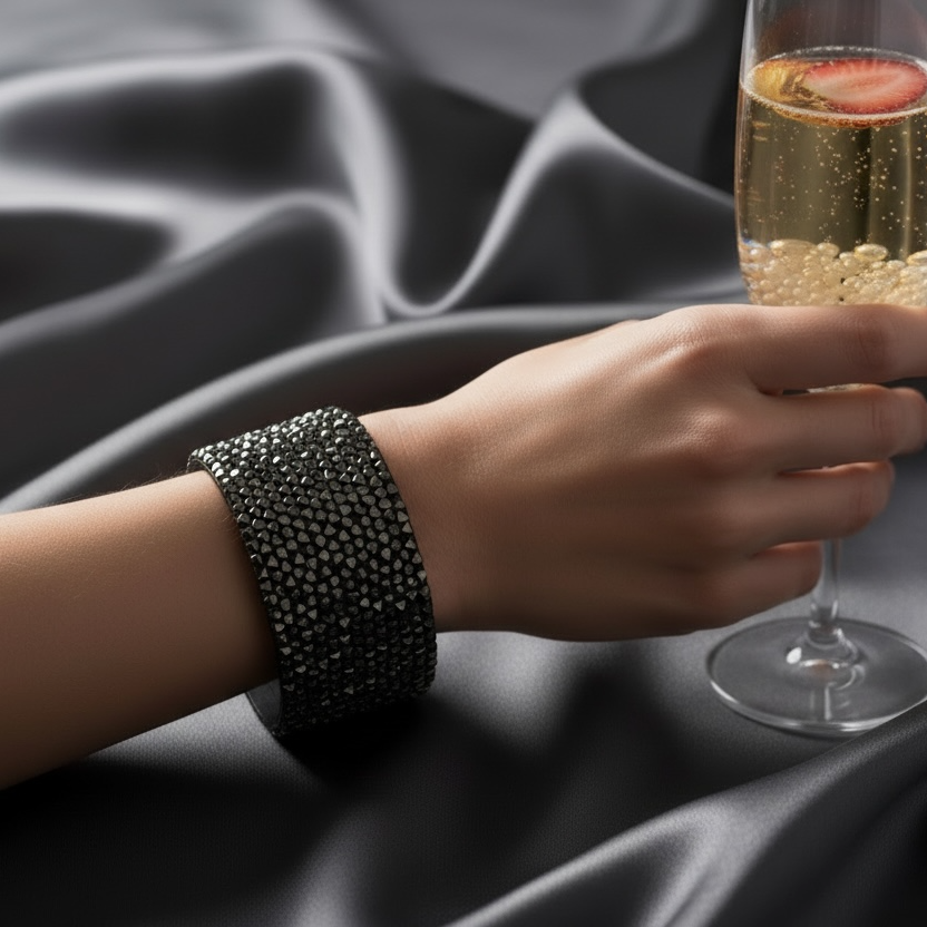 Handmade black leather and crystals bracelt