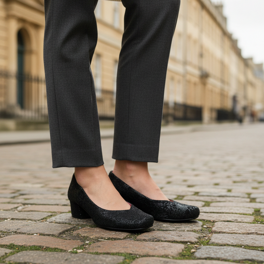 Polo - Black Flower Print low heel shoe