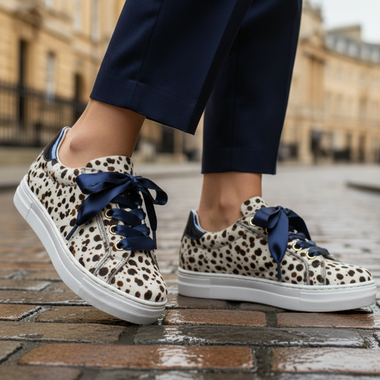 Woman wearing White Cheetah Sneakers with Blue Ribbons