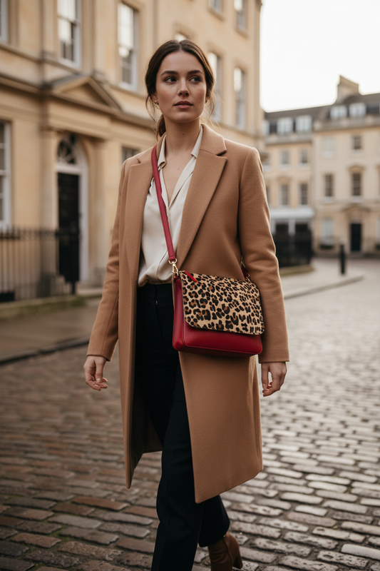 woman wearing the Vino- Leopard cowhide red messenger bag