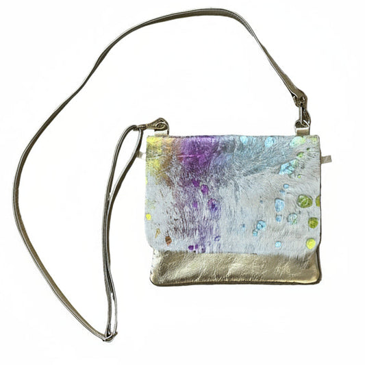 Handbag with a watercolor design on a white cow hide leather