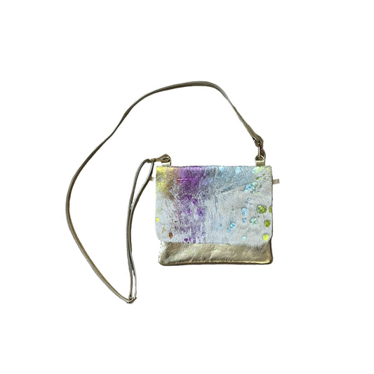 Handbag with a watercolor design on a white cow hide leather