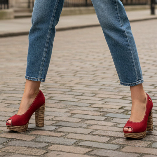 Woman on a street wearing Red suede Platform Peep Toe with natural multi zebra-inspired heel encased in leather