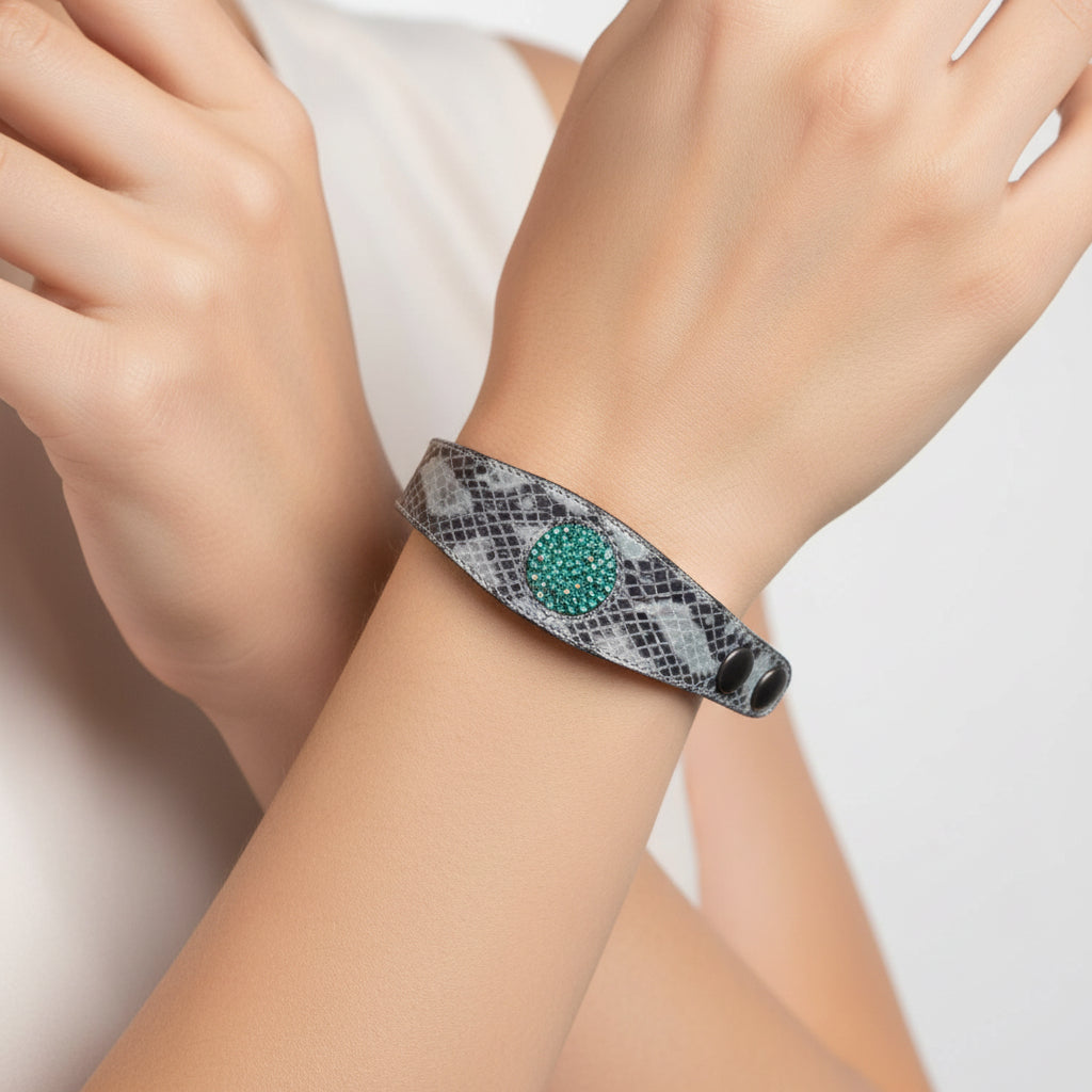 Handmade natural snake print leather crystals disc braclet