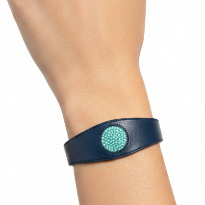 Handmade navy leather crystals disc braclet
