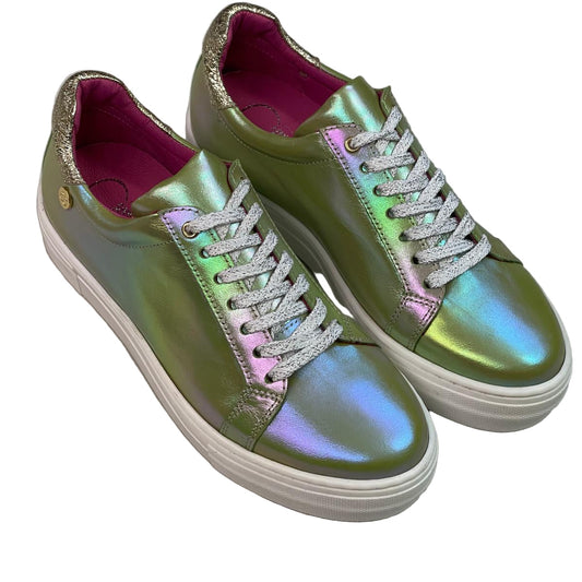 Iridescent green sneakers with white laces on a light gray background