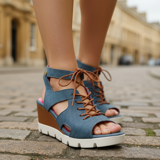 denim blue wedge sandal