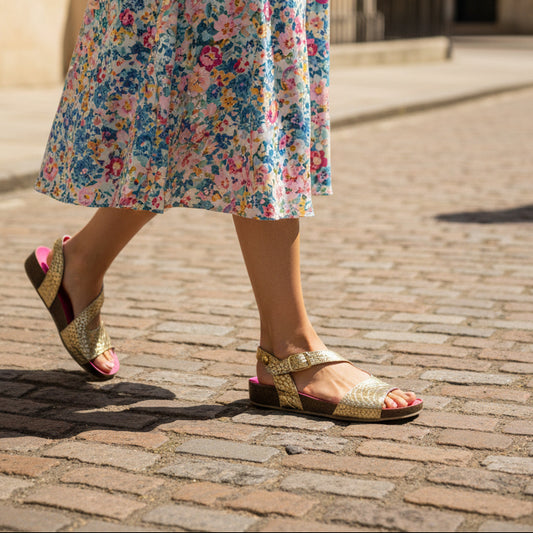 Je Ressin-Gold Croc- flat cork sandal