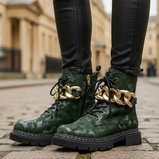 green army ankle lace boots with a unique footwear design