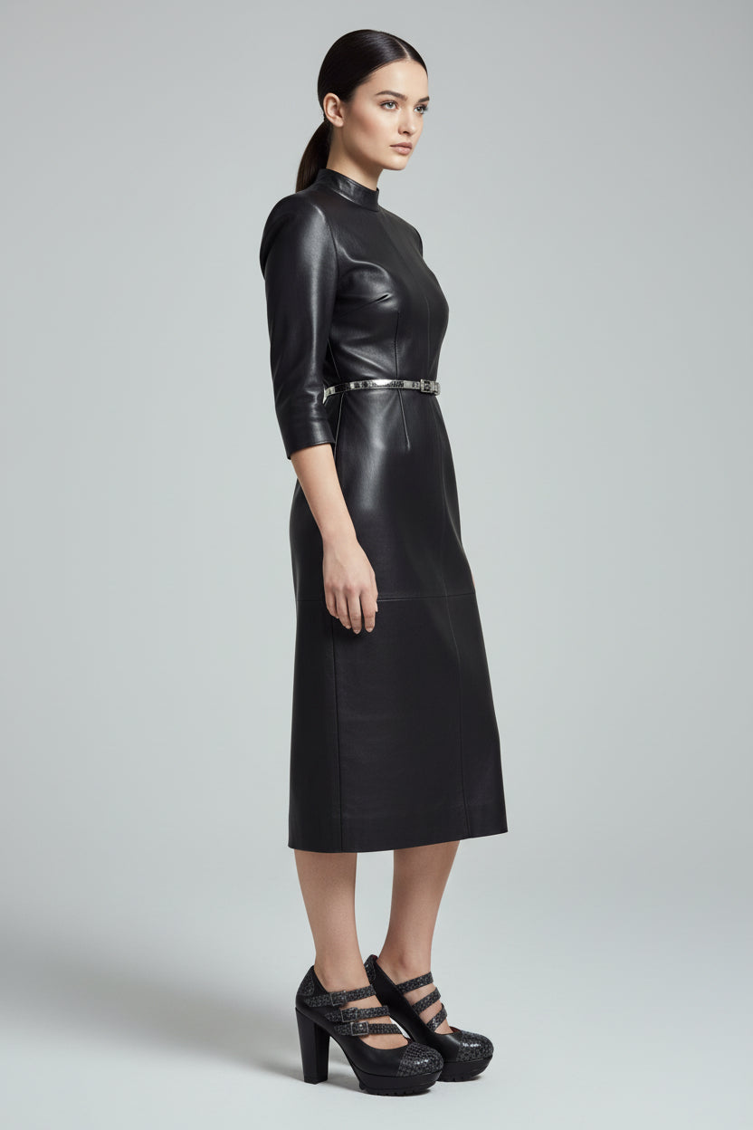 Woman in black leather look dress wearing leather black platform heels
