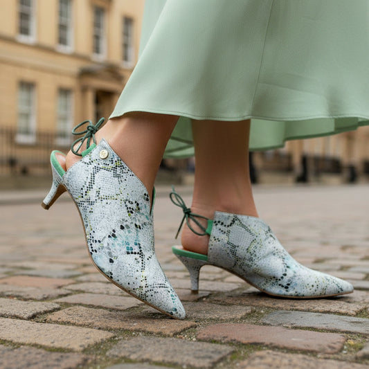 Sliver - white and Green Serpent slip on kitten heel - Chanii B