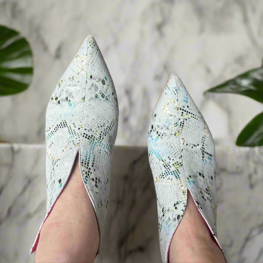 Sliver - white and Green Serpent slip on kitten heel - Chanii B