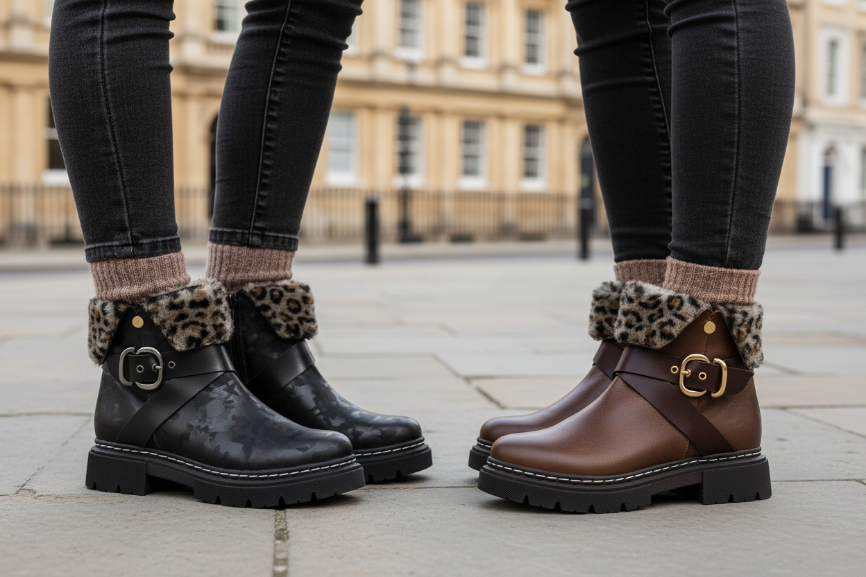 Two models wearing Lyone boots matching original designs in Bath