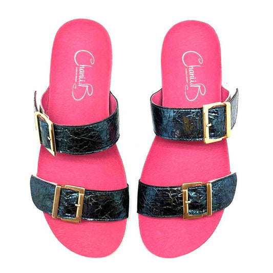 Je T'aime -White rainbow unicorn-blue-flat cork sandal - Chanii B