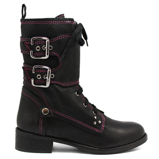 Bon Amie -Lace up ankle boot- Black Fuchsia - Chanii B