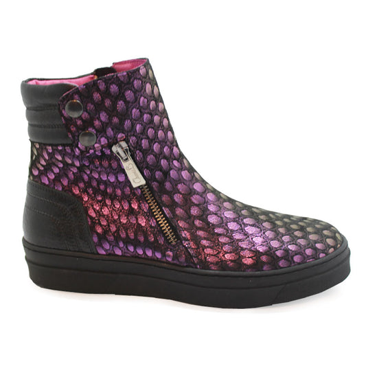 A purple and black flat ankle boot with high top sneaker style, featuring double silver zip and popper detail.