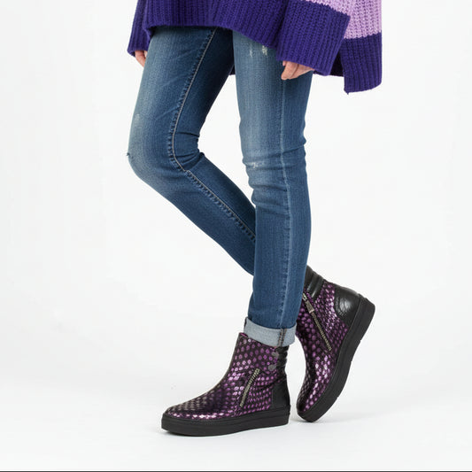 A purple and black flat ankle boot with high top sneaker style, featuring double silver zip and popper detail.