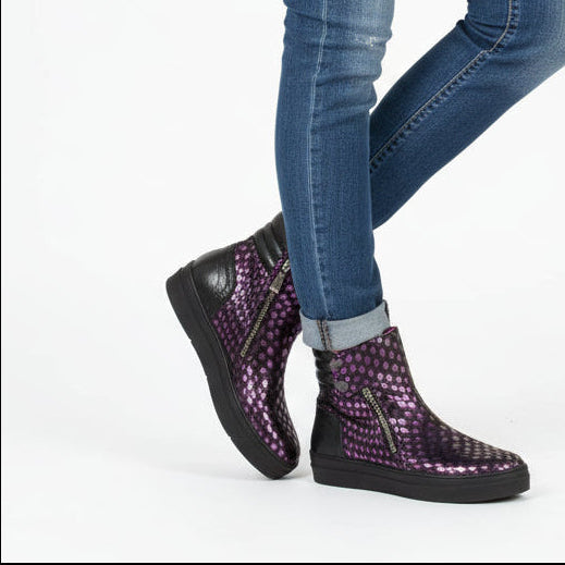 A purple and black flat ankle boot with high top sneaker style, featuring double silver zip and popper detail.