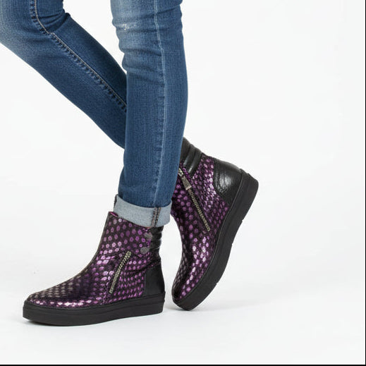 A purple and black flat ankle boot with high top sneaker style, featuring double silver zip and popper detail.