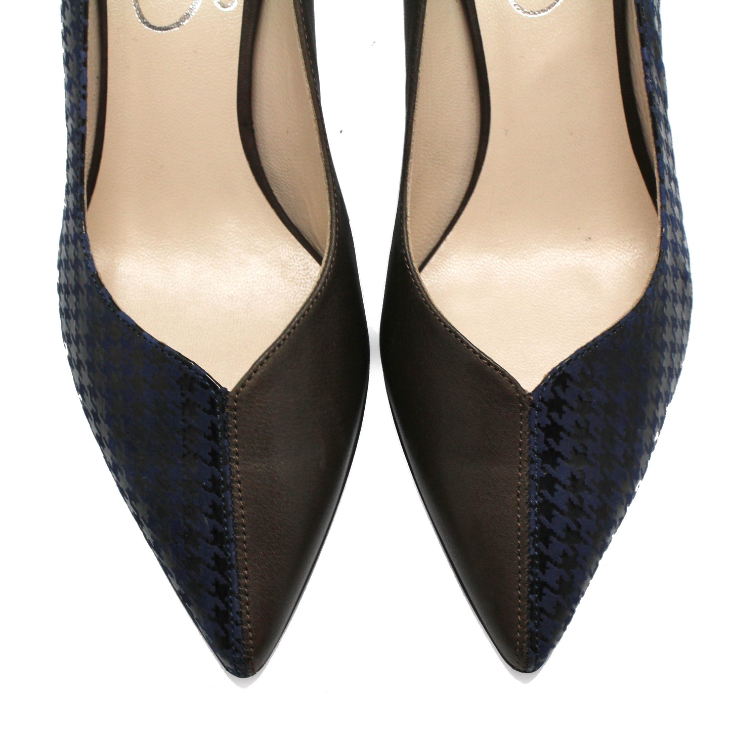 Cruella - Blue Houndstooth and brown kitten heel - Chanii B