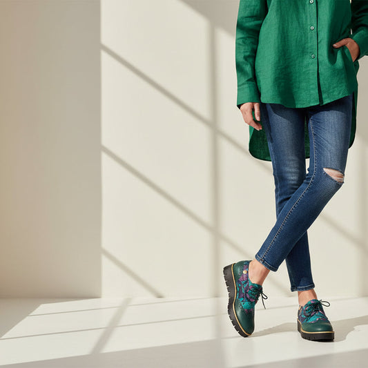 Bolt - Green flower print velvet lace up shoe - Chanii B