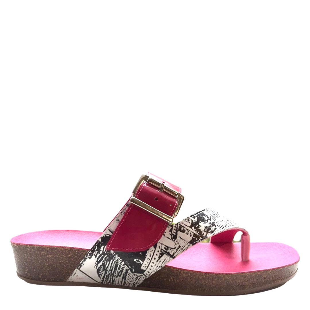 Je Suis-White Newspaper-Fuchsia- flat cork sandal