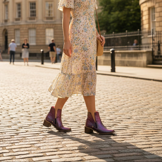 purple leather iridescent ankle boot