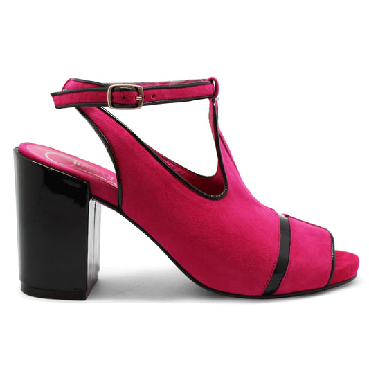 Fuchsia and black ankle strap peep toe sandals with a block heel