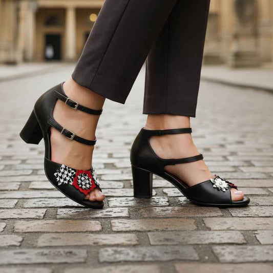 Poppy - Black White and Red block heel