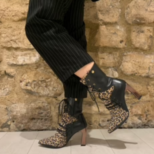 Mina Black leopard ankle heel boot