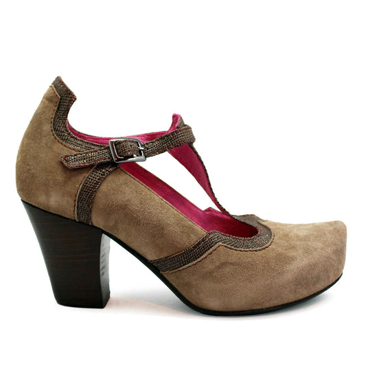Cerise-Taupe T-strap cork shoe