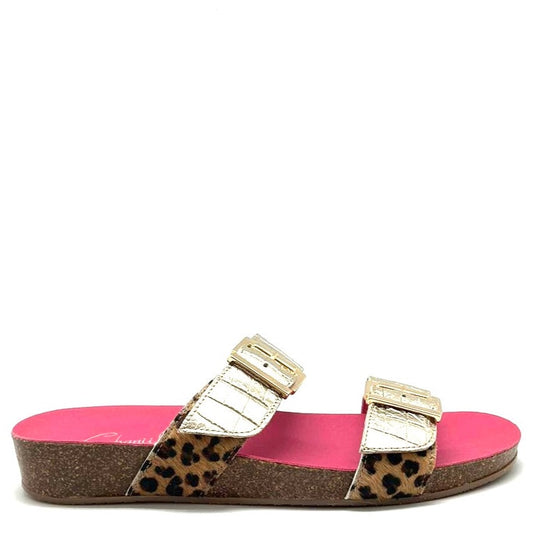Je T'aime -Gold Croc with leopard cow flat cork sandal - Chanii B