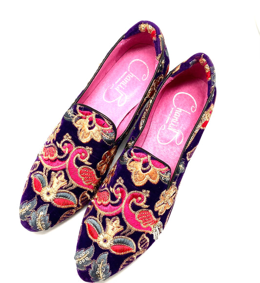 Cigar- black crush velvet embroidery shoe - Chanii B