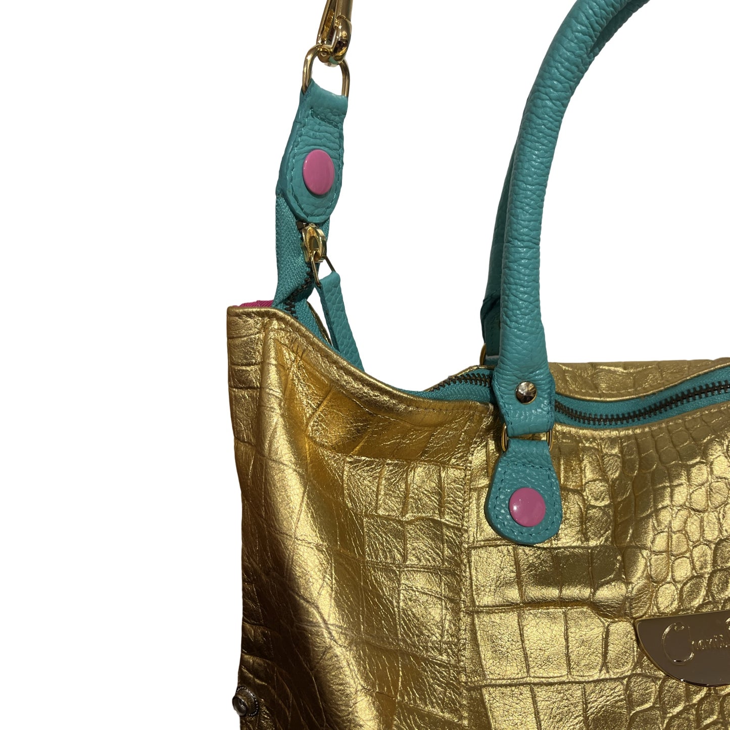 Vivienne-gold/turquoise leather multi handbag