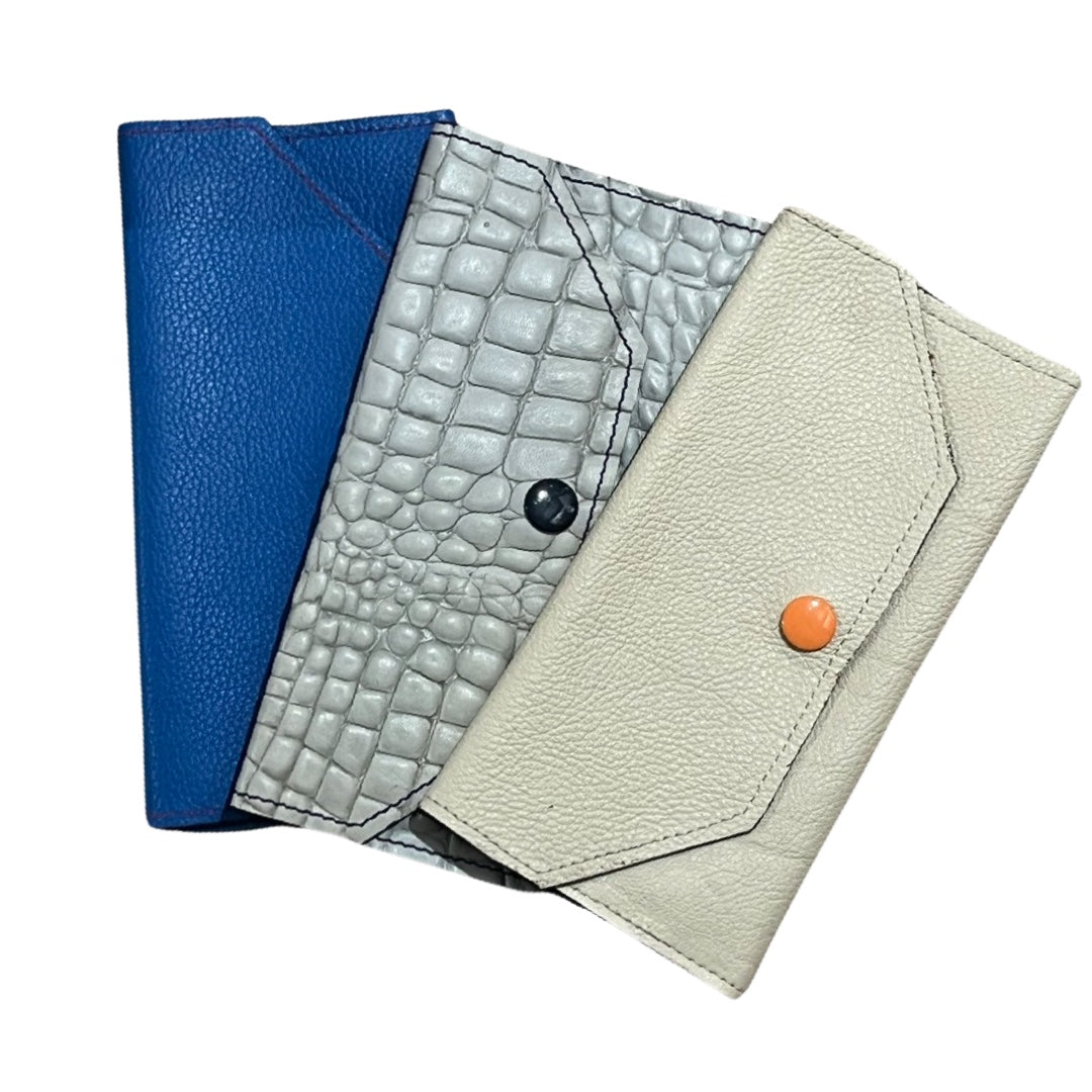 Folio- Blue leather with yellow button wallet