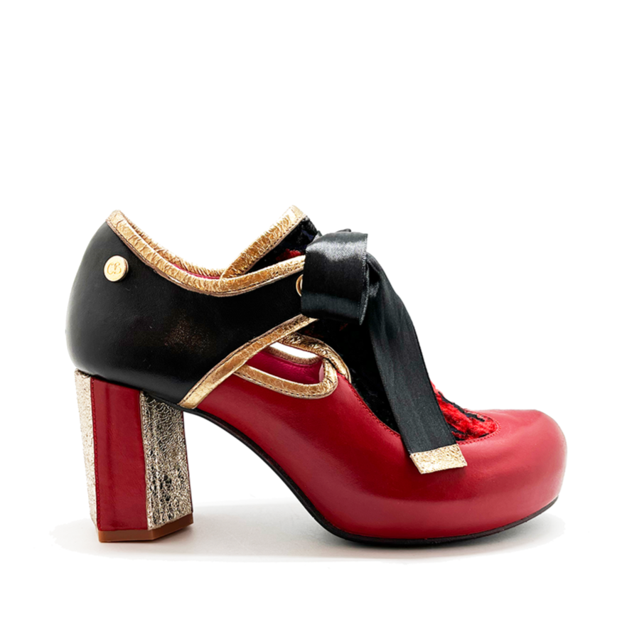 red navy and gold heel ribbon toe shoe
